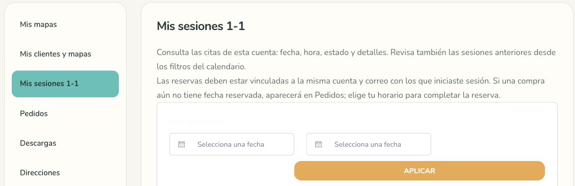 Panel de sesiones 1-1 con filtros de fecha