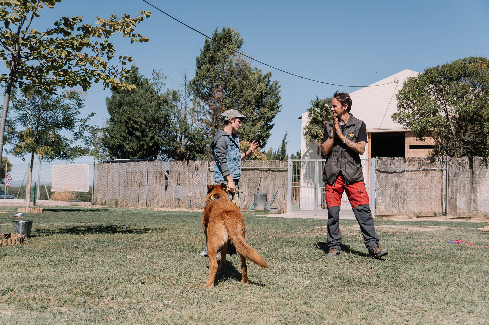 Robert intercambia ideas con un participante durante una práctica de educación canina