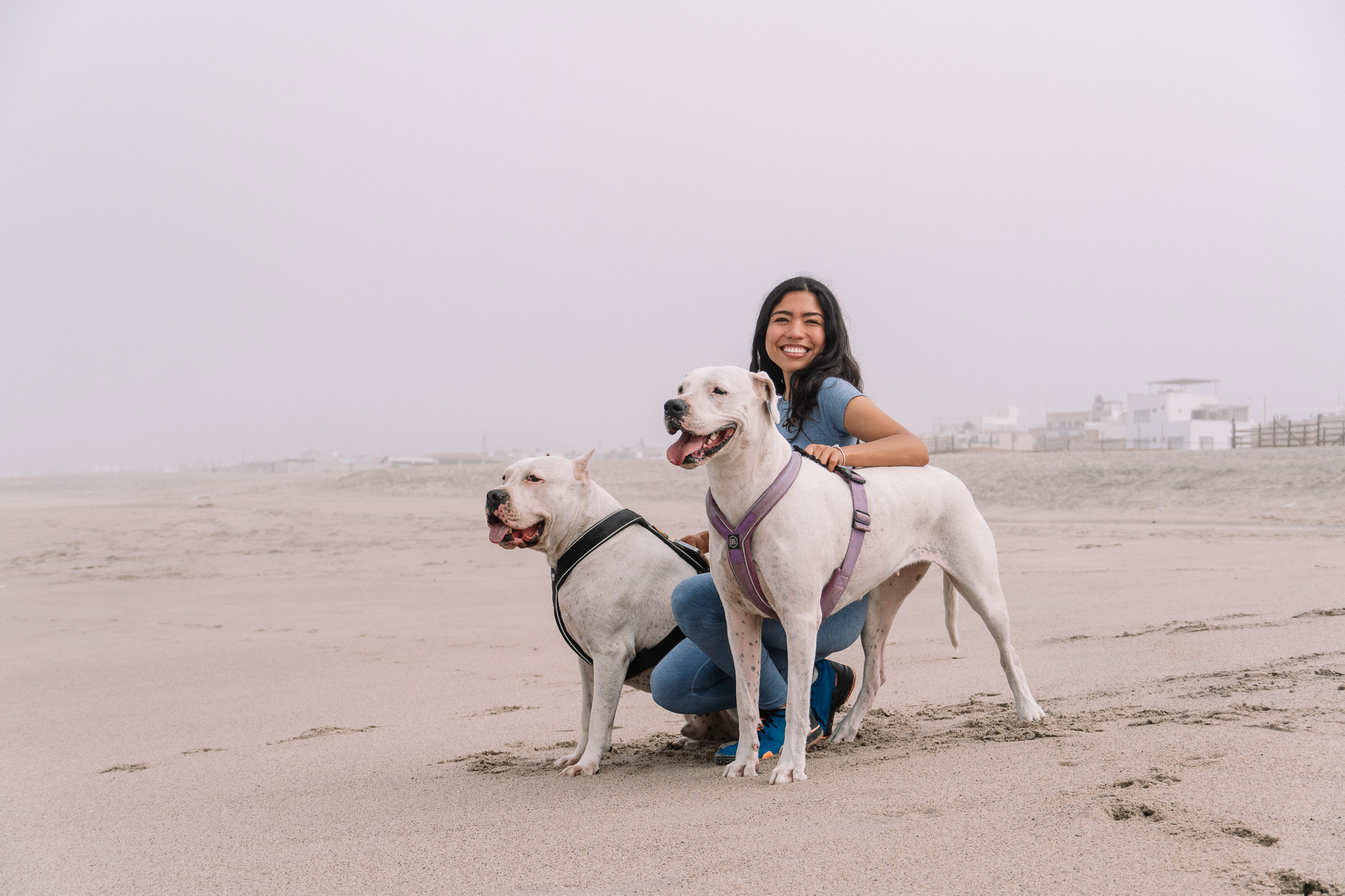 Valeria Ayvar con dos de sus perros en la playa