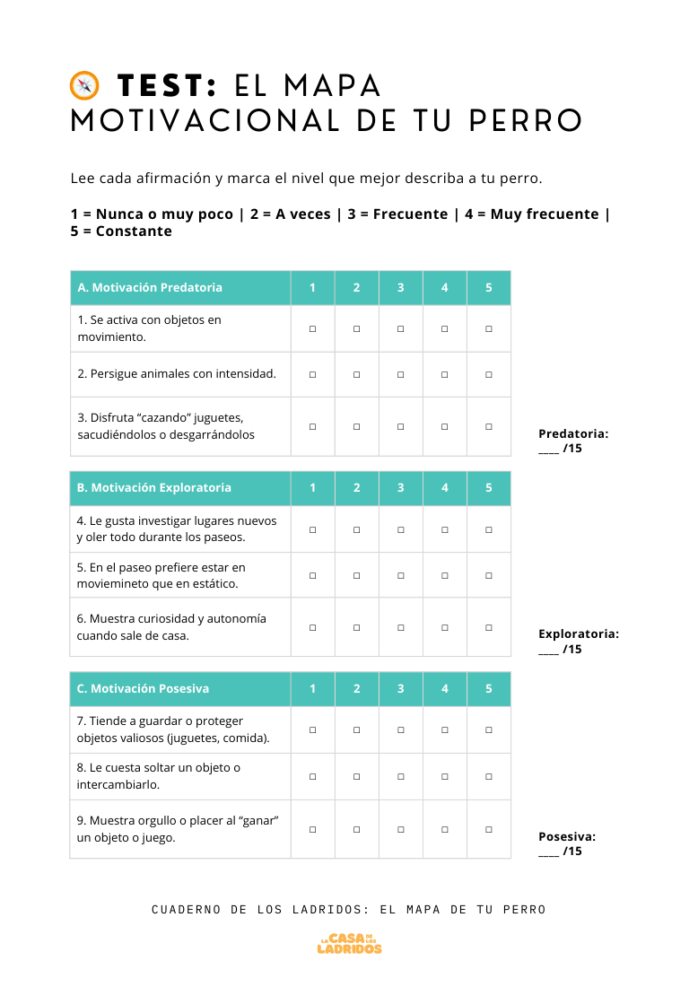 Página interior del test de motivaciones del Cuaderno